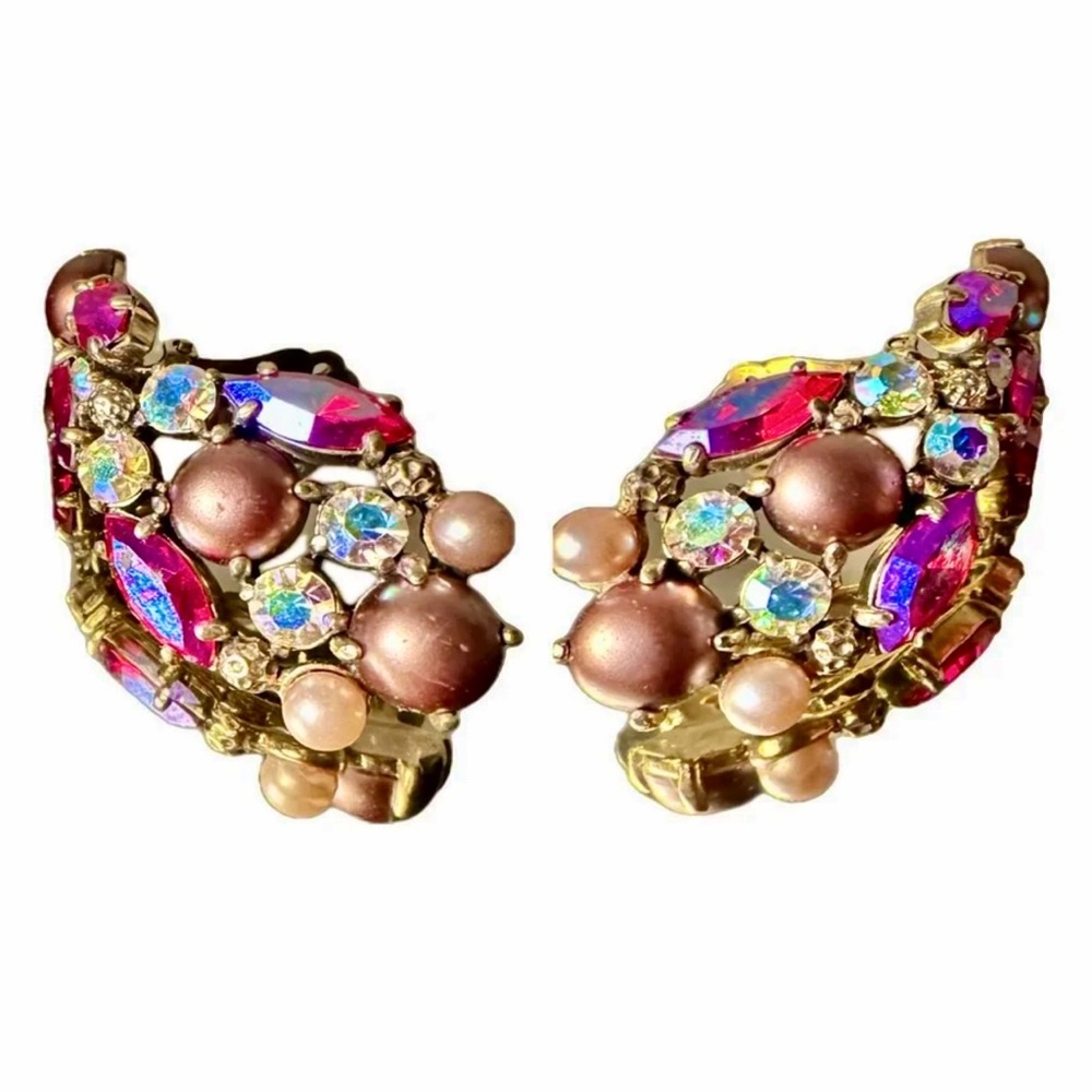 Schiaparelli vintage aurora borealis & faux pearl drop earrings, circa 1950s